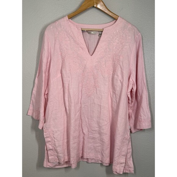Edward Woman PINK EMBROIDERED IRISH LINEN BLOUSE TOP Split Hem Tunic Size 1X - Picture 1 of 12